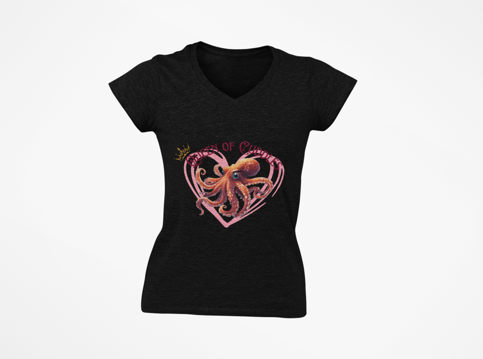 Queen of Cuddles – Funny Women's V - Neck T-Shirt | Octopus Graphic Tee | Cute Sea Creature Shirt | Ocean Love - WishBug