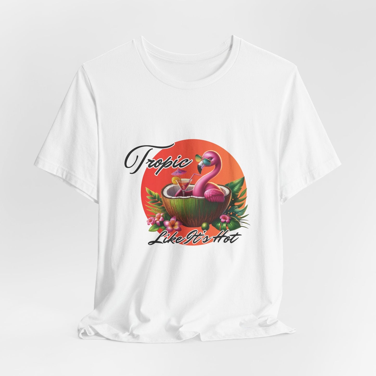 Tropic Like It’s Hot – Flamingo Cocktail Vacation Graphic Tee | Summer Beach Pun Shirt | Coconut Cocktail Vibes - WishBug