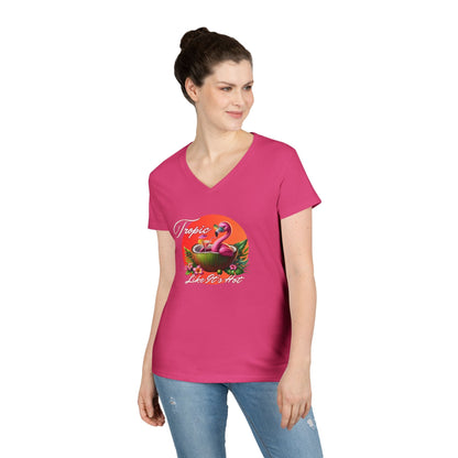 Flamingo V-Neck Tee featuring a sunset and a flamingo lounging in a coconut with a cocktail, text “Tropic Like It’s Hot”