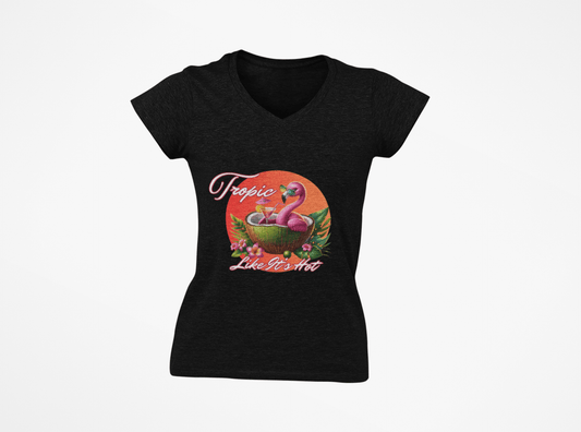 Flamingo V-Neck Tee featuring a sunset and a flamingo lounging in a coconut with a cocktail, text “Tropic Like It’s Hot”