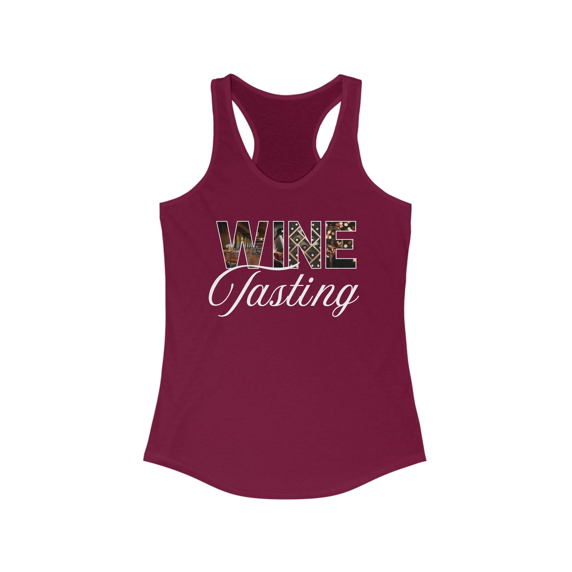 A racerback wine tank top featuring the bold patterned text "WINE" with the script word "Tasting" below